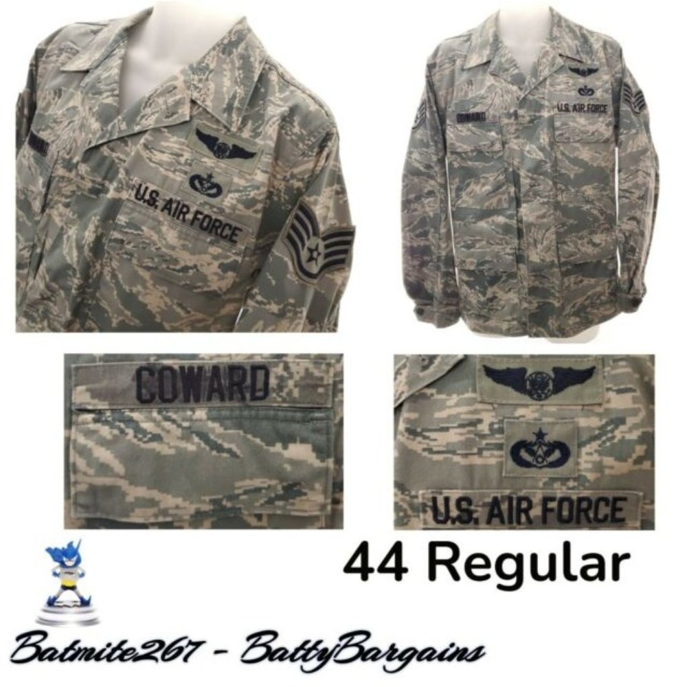 US AIR FORCE Utility Men's 44 R PATCHES Name Coward Camouflage Tiger Stripe Coat